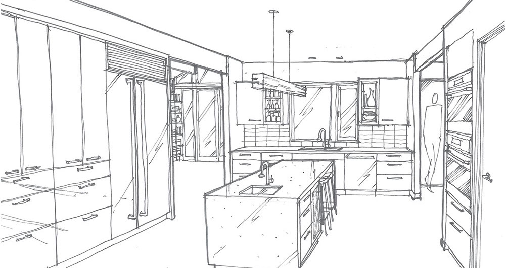 an image of a sketch of interior design kitchen