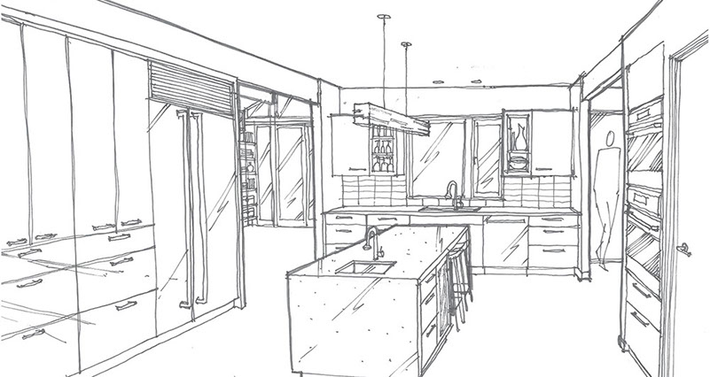 an image of a sketch of interior design kitchen