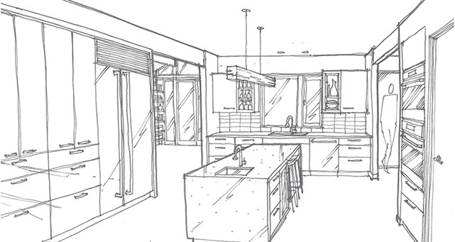 an image of a sketch of interior design kitchen